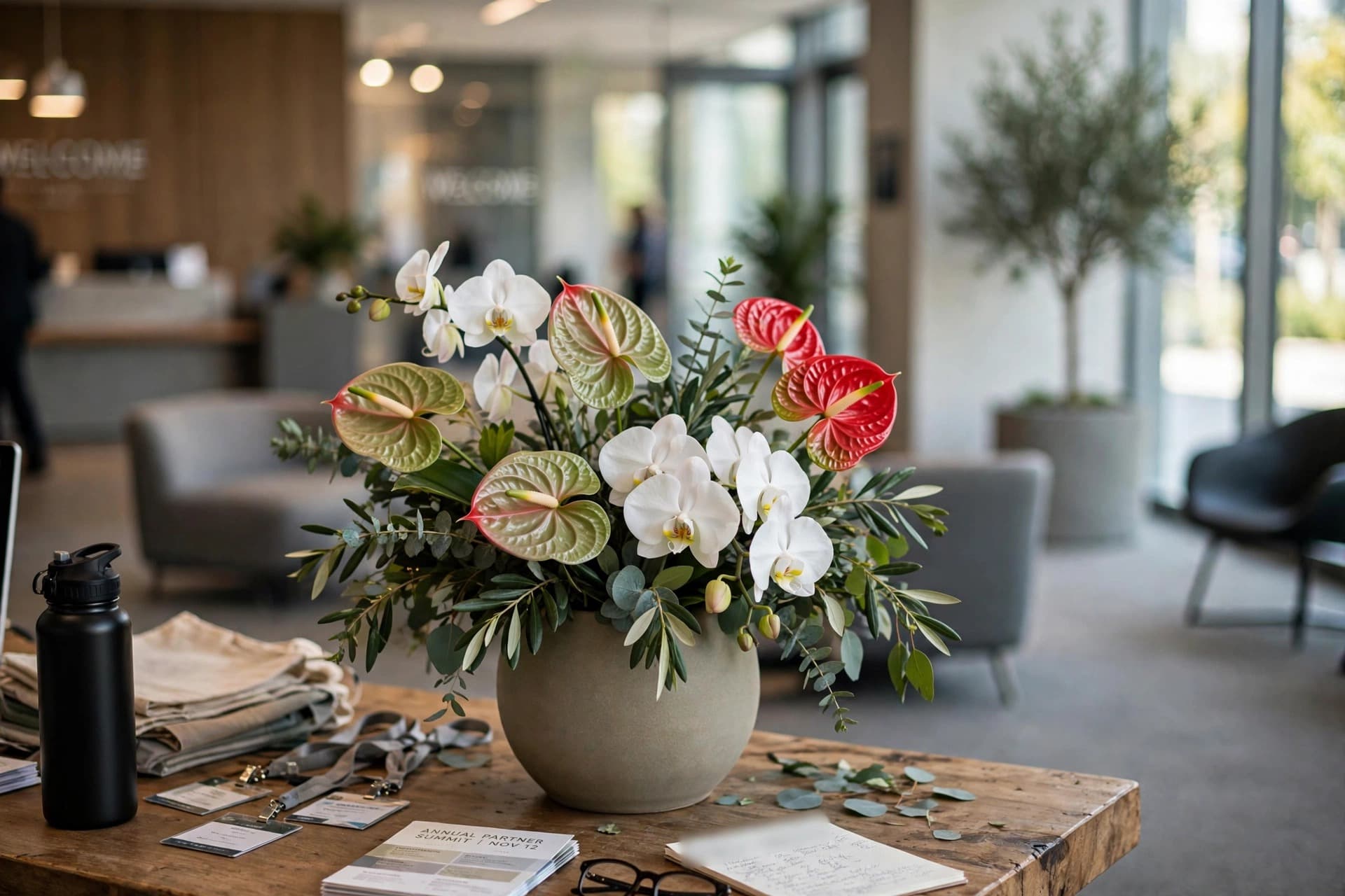 White orchids, red and green flowers, and leafy stems sit in a gray vase on a wooden table with event badges.